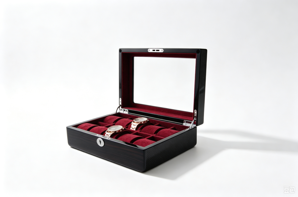 High Glossy Ebony Grain Spliced Carbon Fiber 10 Watch Case with Burgundy Velvet Interior