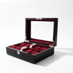 High Glossy Ebony Grain Spliced Carbon Fiber 10 Watch Case with Burgundy Velvet Interior