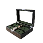 High Glossy Dark Oak Grain Spliced Carbon Fiber 10 Watch Case with Green Velvet Interior