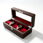 PU Leather Brown 5 Watch Case with Burgundy Velvet Interior