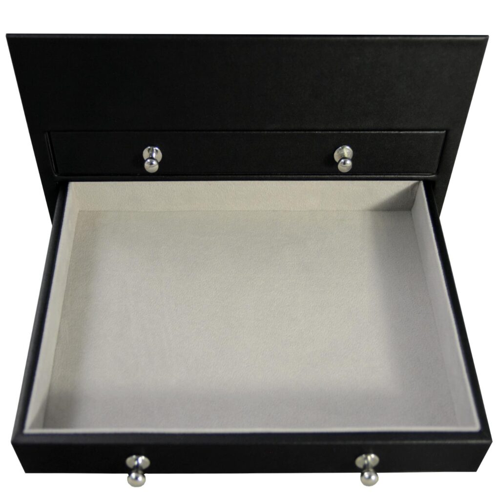 Jewelry collection box with pull-out drawer and velvet-lined storage area