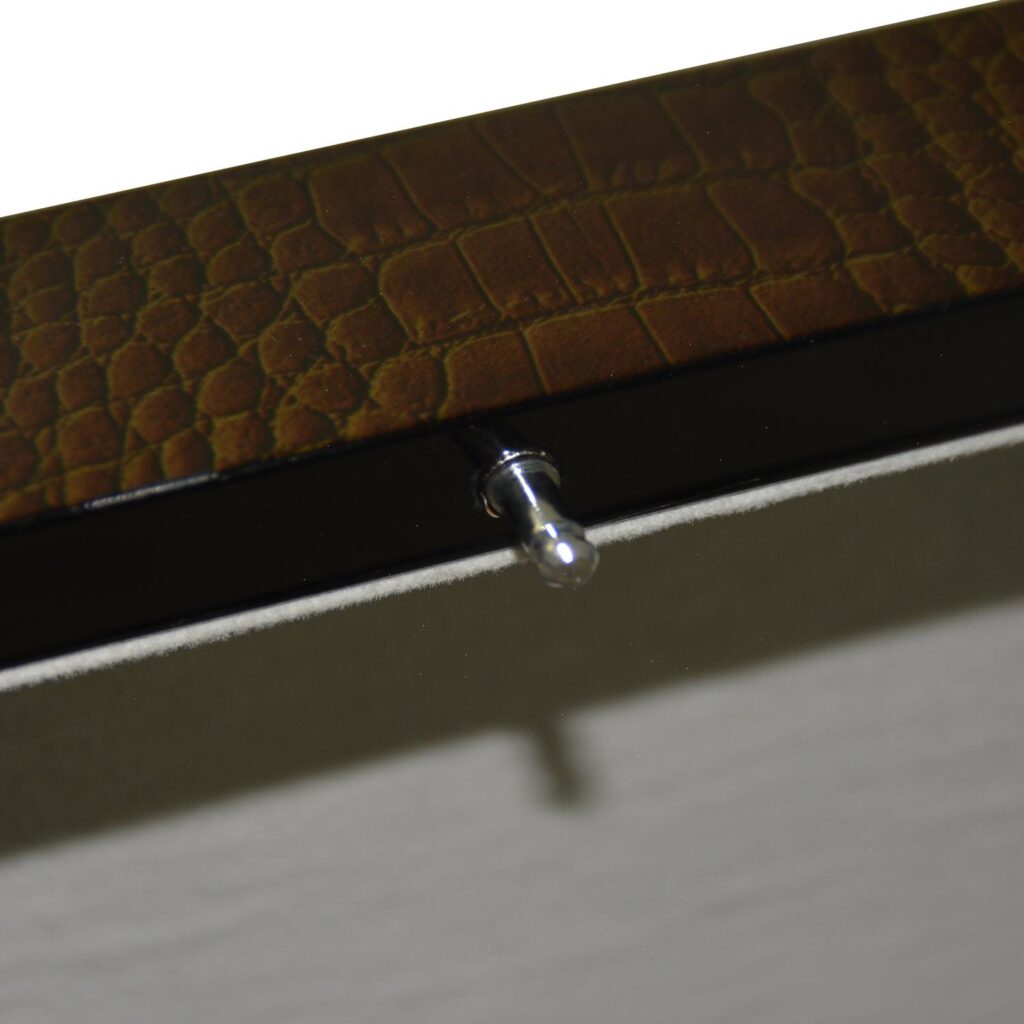 green crocodile grain watch case with close-up view of front closure hardware