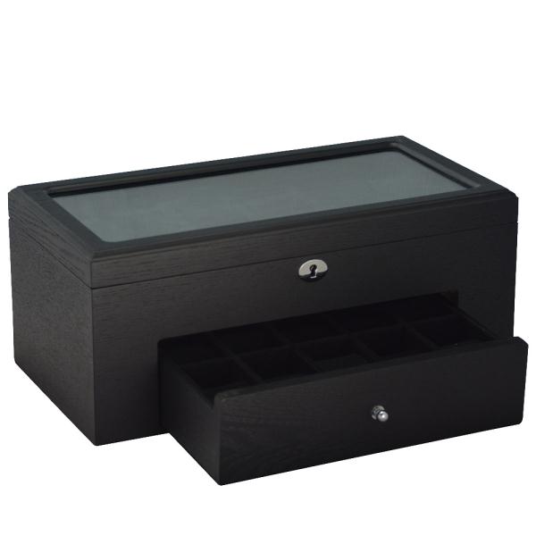 Black Wood Veneered Double-Layer 22 Slots Watch Case