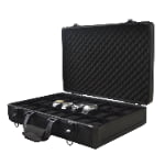 Black 24 slot watch suitcase open at an angle with velvet-lined watch compartments