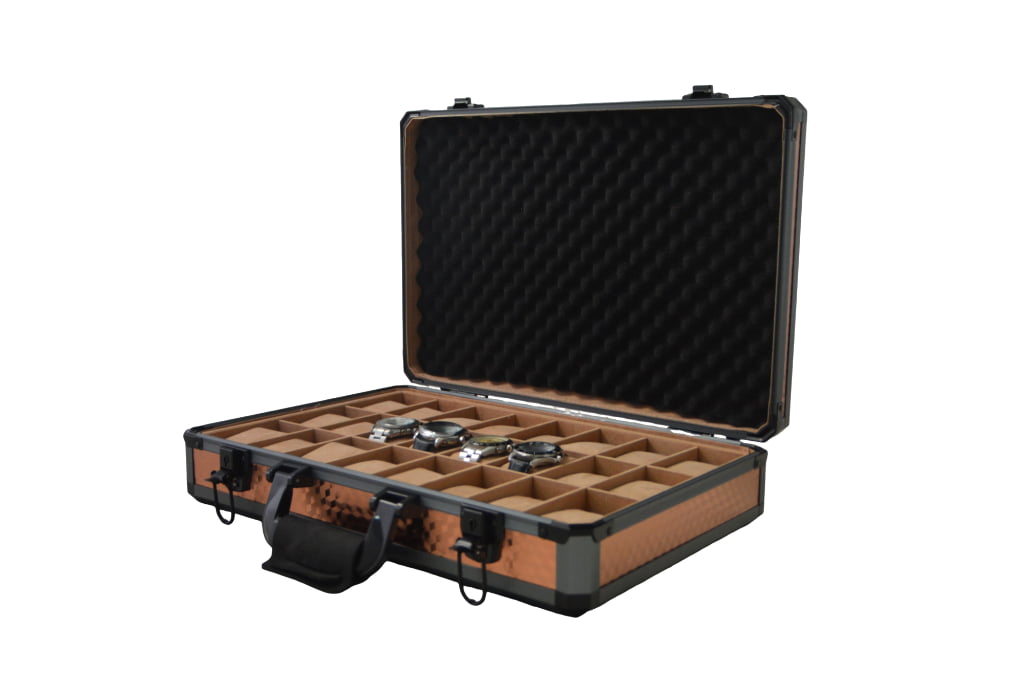 Open rose gold 24 slot watch suitcase displaying watches in apricot velvet-lined compartments