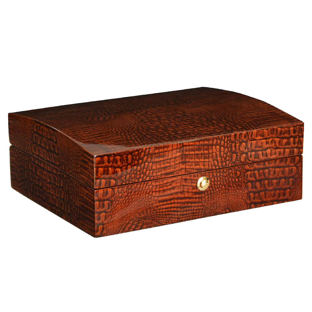 Brown crocodile grain 8 watch case with velvet-lined interior compartments