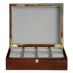 Brown crocodile grain watch display case with eight watch slots