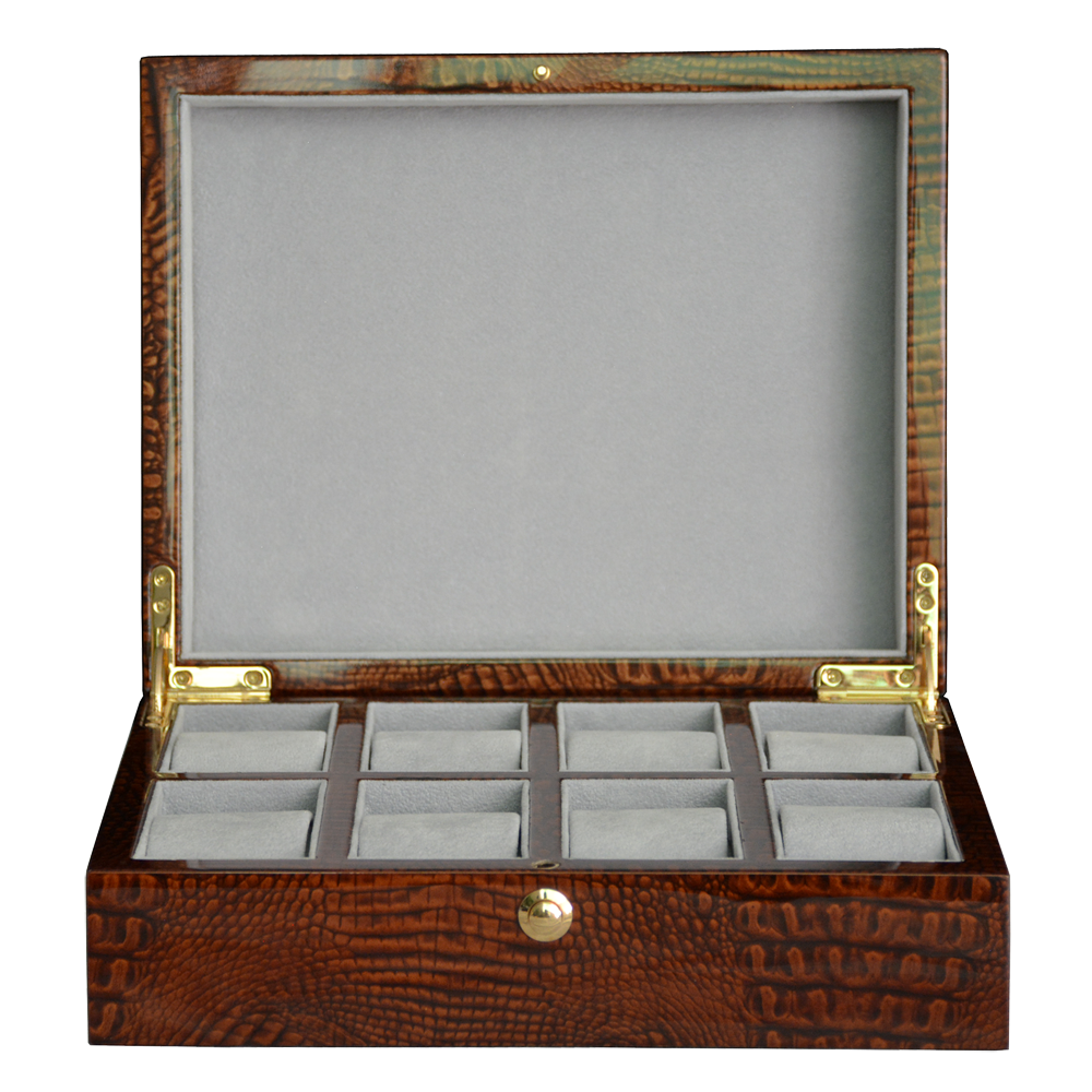 Brown crocodile grain watch display case with eight watch slots