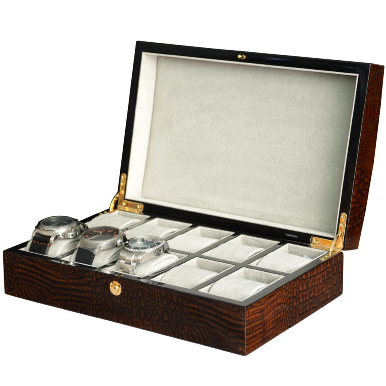 High-Gloss Lacquered Brown Crocodile Grain 10 Watch Case
