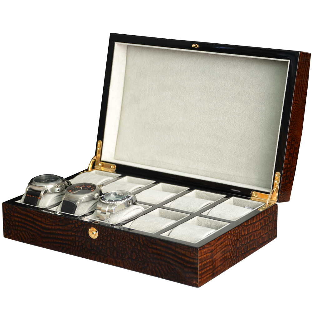 Brown crocodile grain 10 watch case with velvet lined compartments