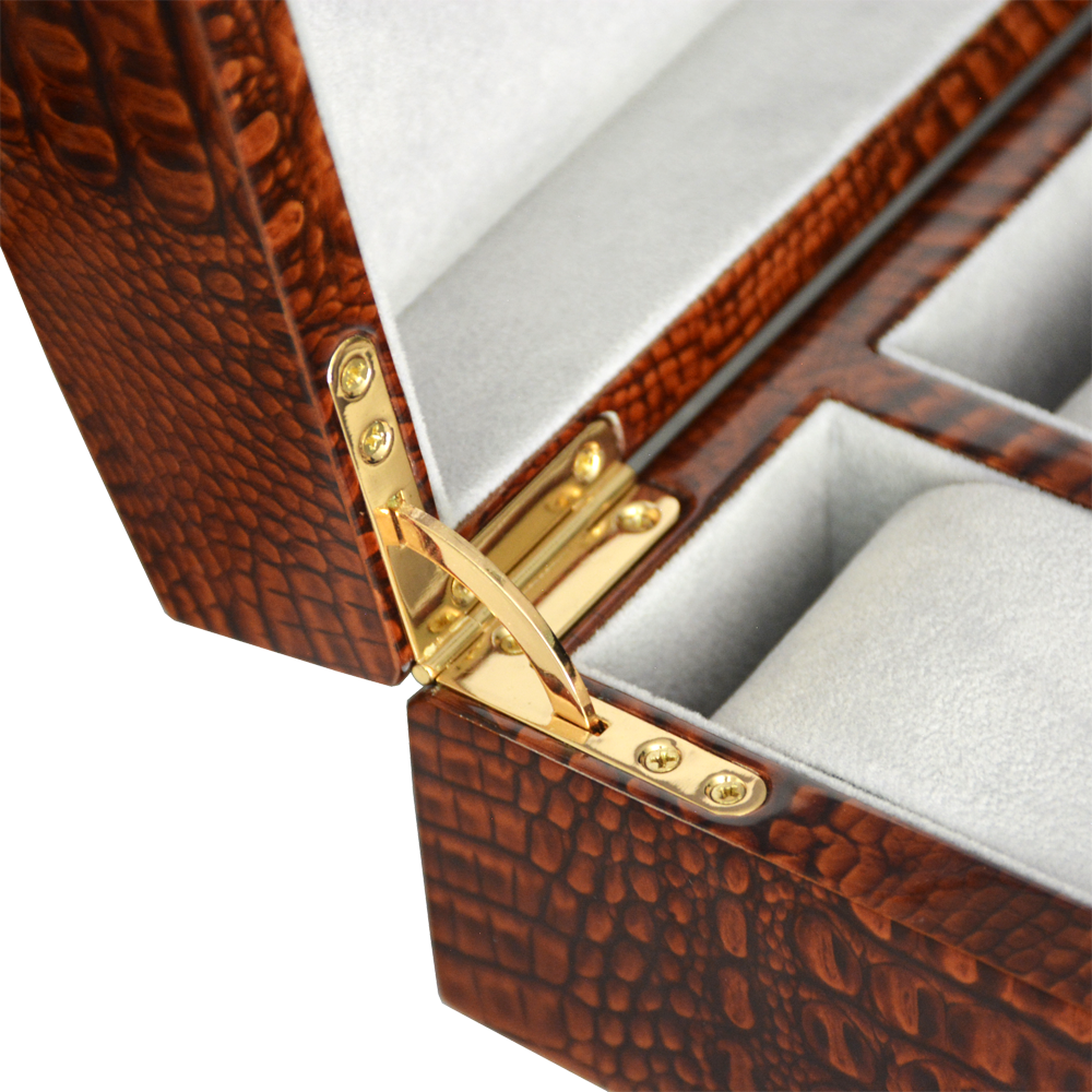 Brown crocodile grain watch display case with luxury lacquered exterior