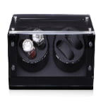 Black 4-watch winder front view with closed acrylic lid and dual winding modules