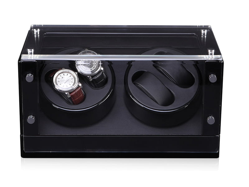 Black 4-watch winder front view with closed acrylic lid and dual winding modules