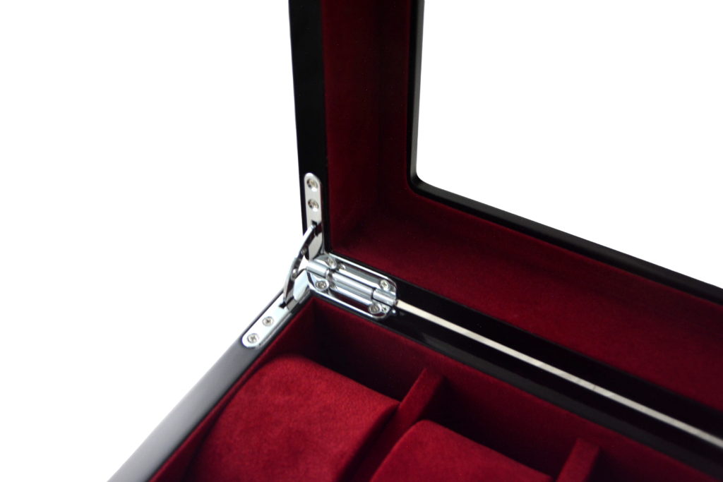 High Glossy Ebony Grain Spliced Carbon Fiber 10 Watch Case with Burgundy Velvet Interior