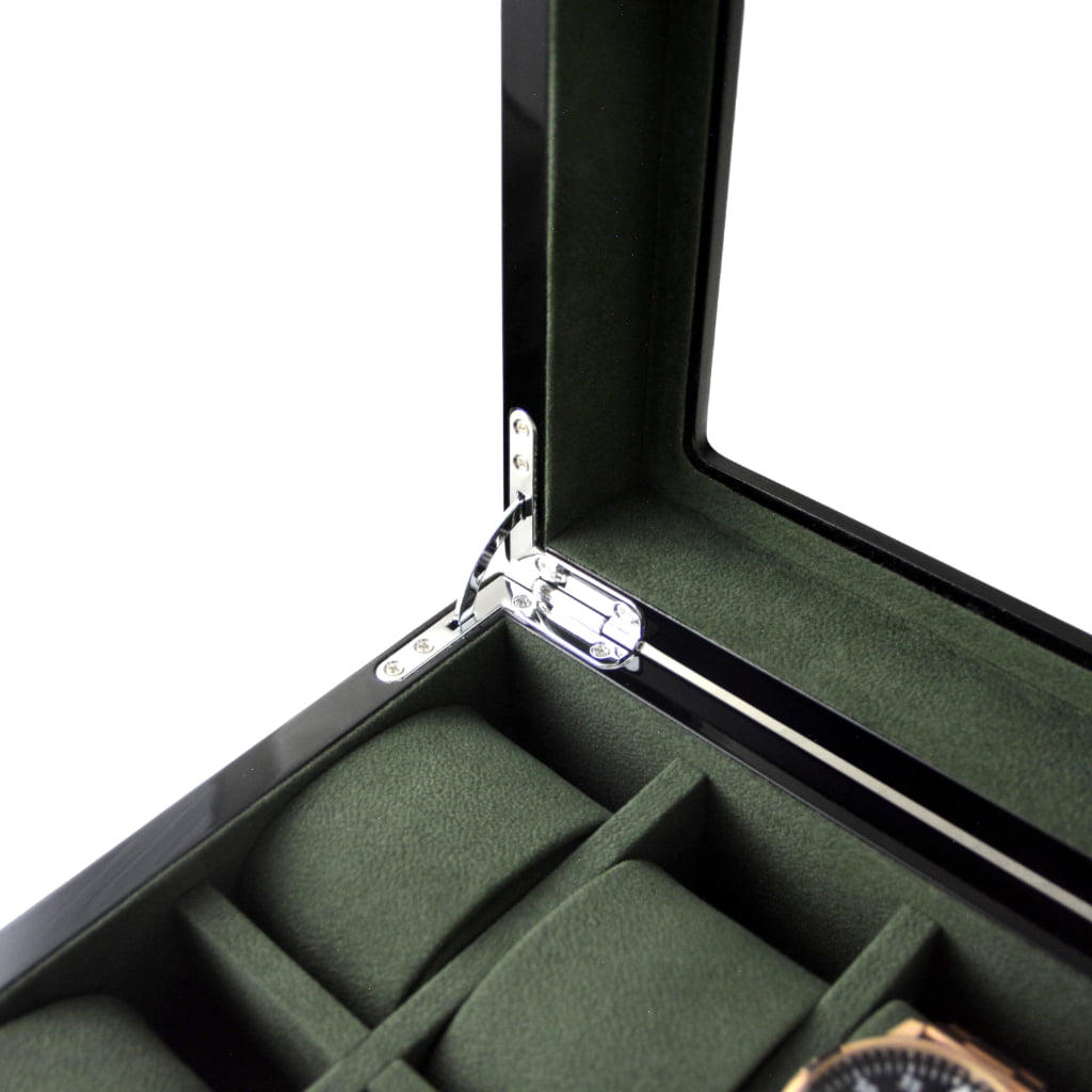 High Glossy Dark Oak Grain Spliced Carbon Fiber 10 Watch Case with Green Velvet Interior