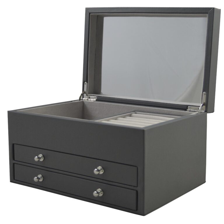 Grey PU Leather Jewelry Case with Drawers and Removable Tray