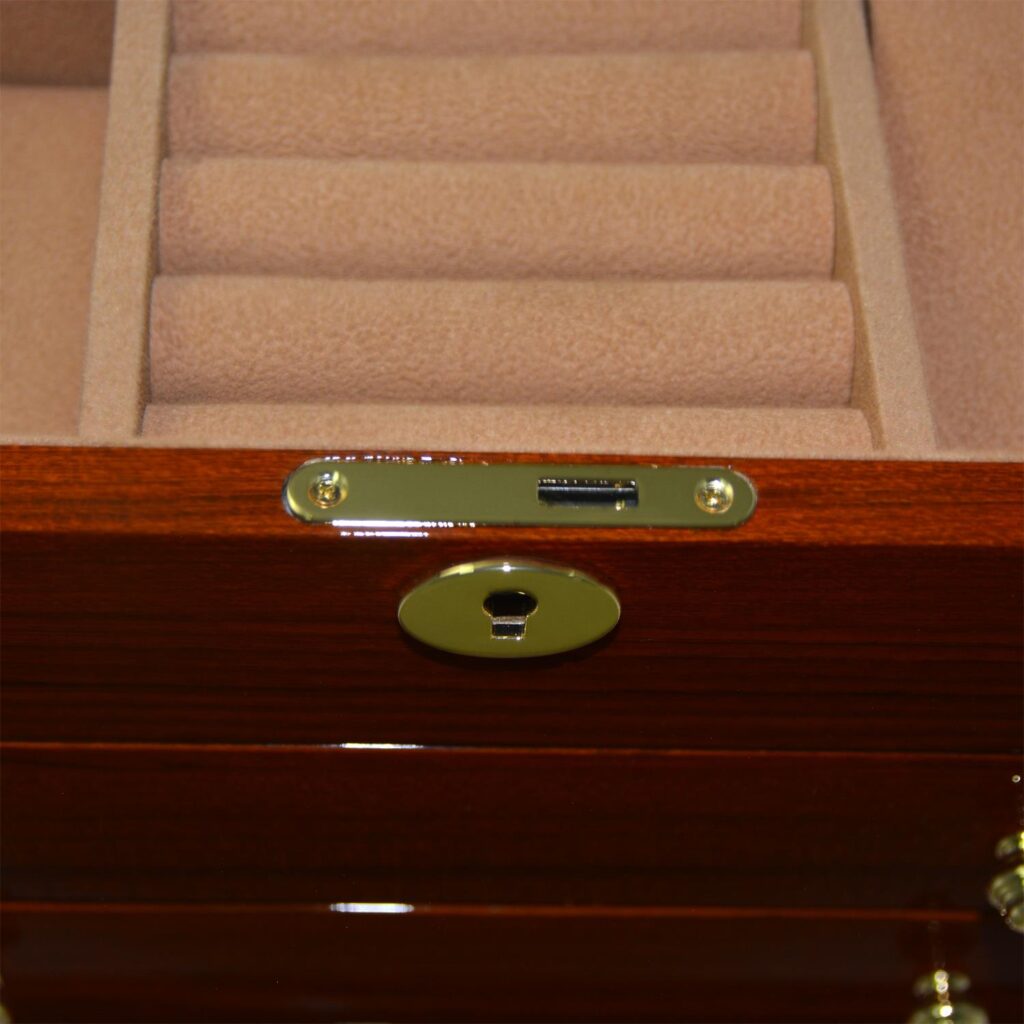 Teak jewelry case drawer bottom view with polished exterior