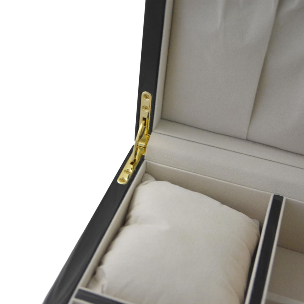 Jewelry box hinge detail with beige velvet lined interior