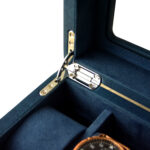 Watch box hinge hardware detail with blue velvet interior finish