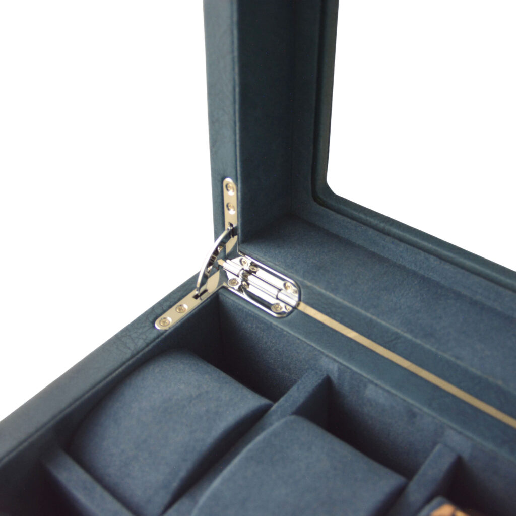 Tempered glass display window on blue watch storage box