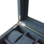 Tempered glass display window on blue watch storage box