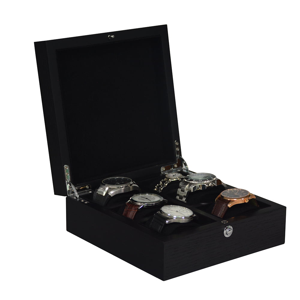 black wood veneer 6 slot watch case with velvet interior