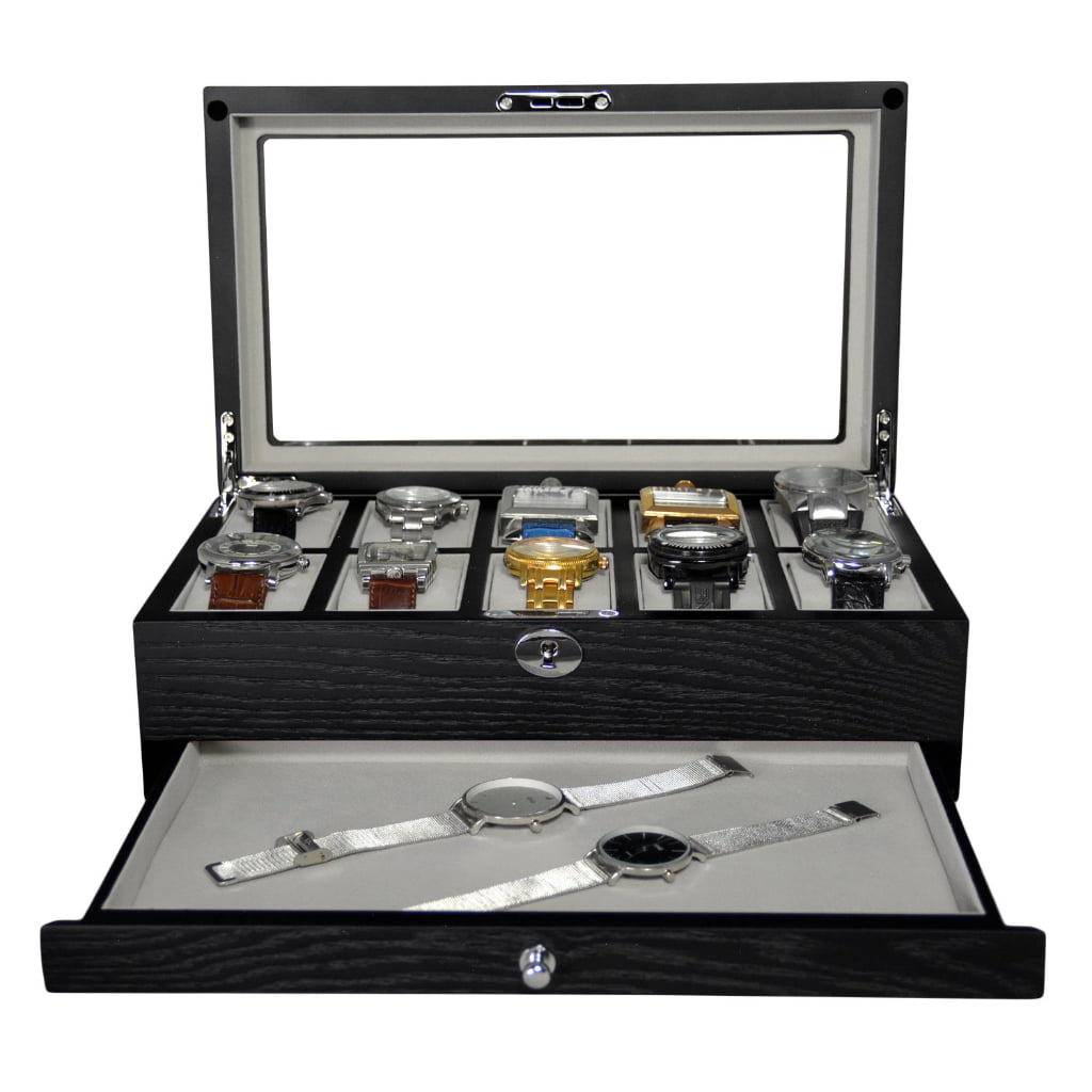 watch case with open drawer storage compartment