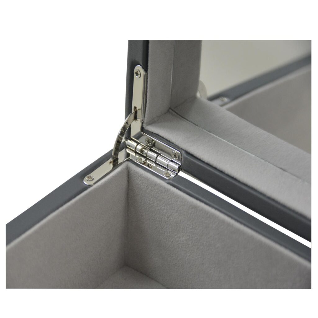 Grey jewelry box with mirror and interior storage compartments