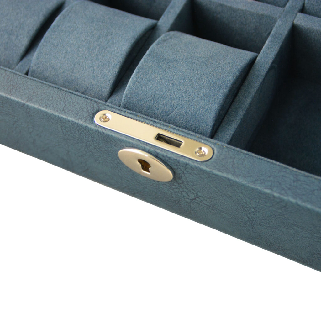 Blue watch box with velvet-lined MDF interior and watch compartments