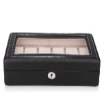 Closed 12 watch display case with black carbon fiber exterior, tempered glass window and hardware lock