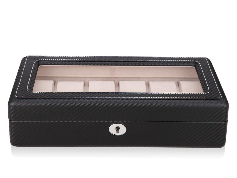 Closed 12 watch display case with black carbon fiber exterior, tempered glass window and hardware lock