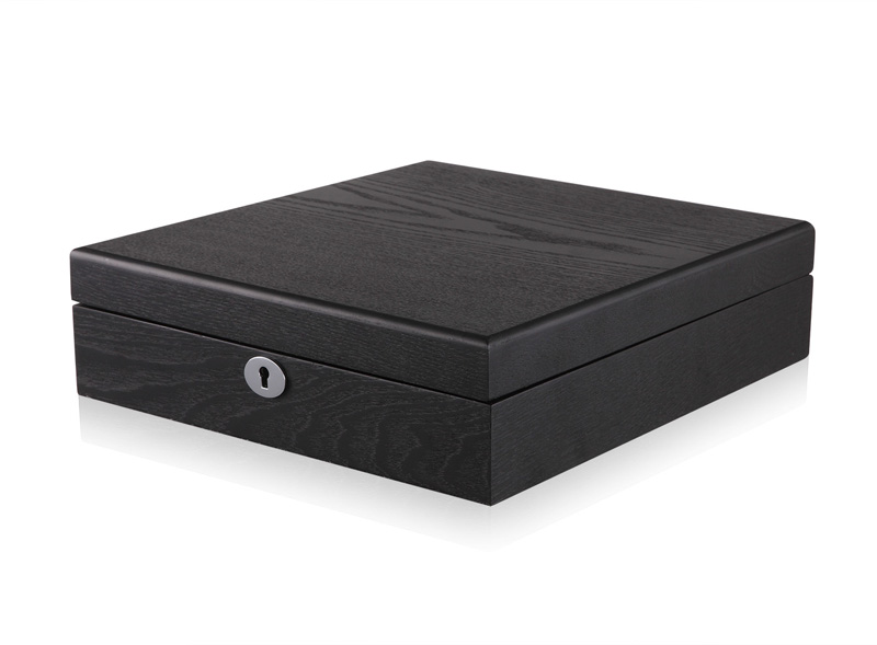 black 12 watch case with velvet interior and open display design