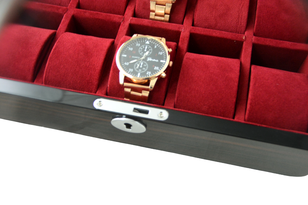 High Glossy Ebony Grain Spliced Carbon Fiber 10 Watch Case with Burgundy Velvet Interior