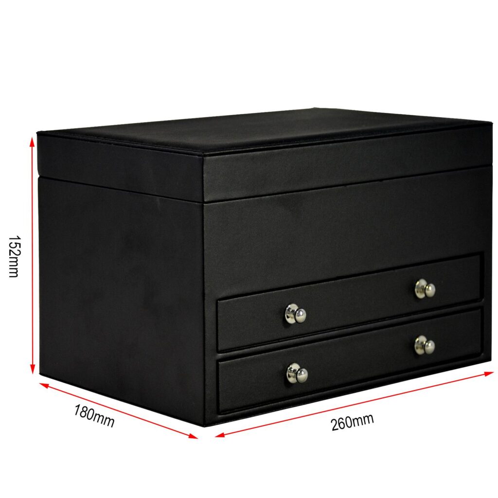 Black jewelry collection box with product dimensions shown