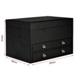 Black jewelry collection box with product dimensions shown