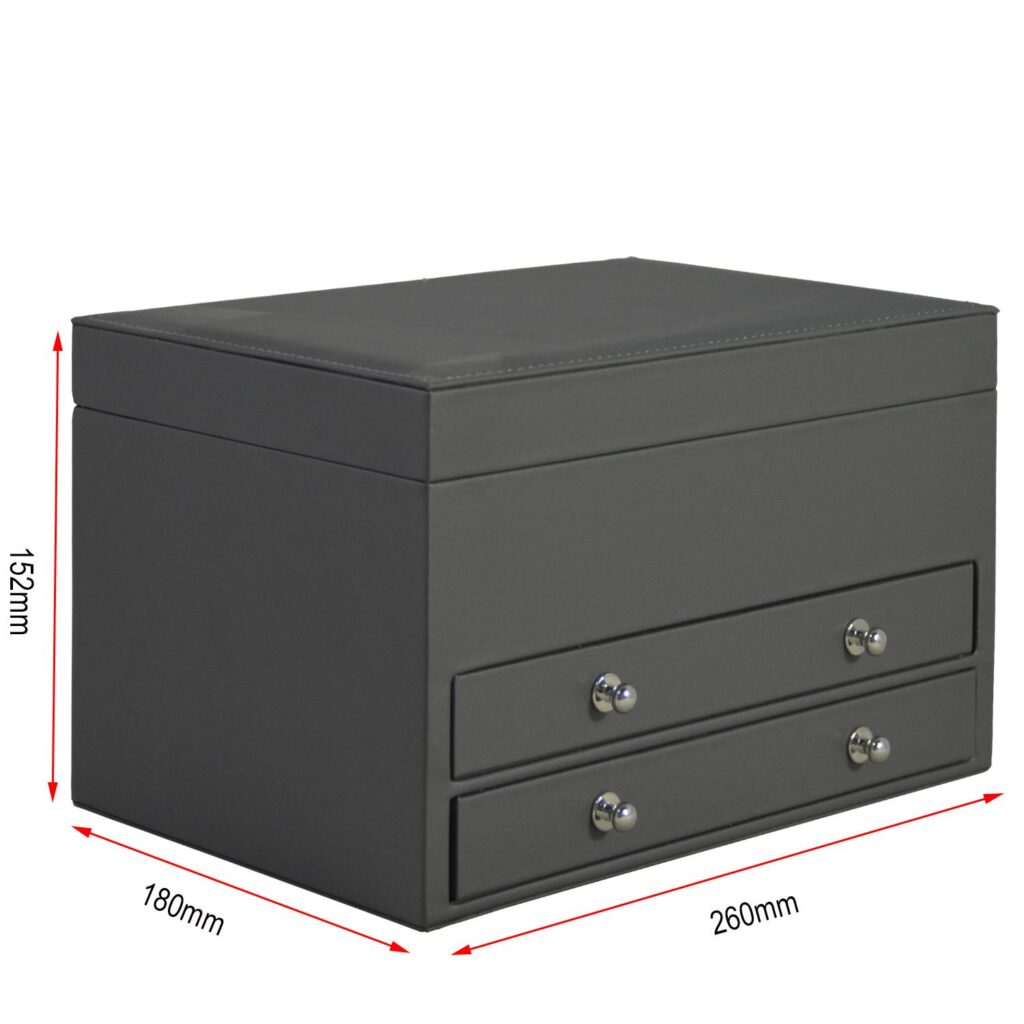 Grey jewelry case drawer handle and PU leather exterior detail