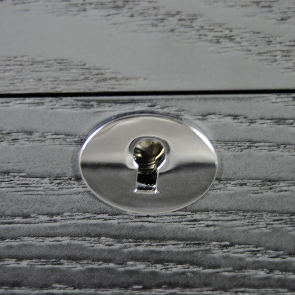 watch case hinge hardware detail with black wood finish