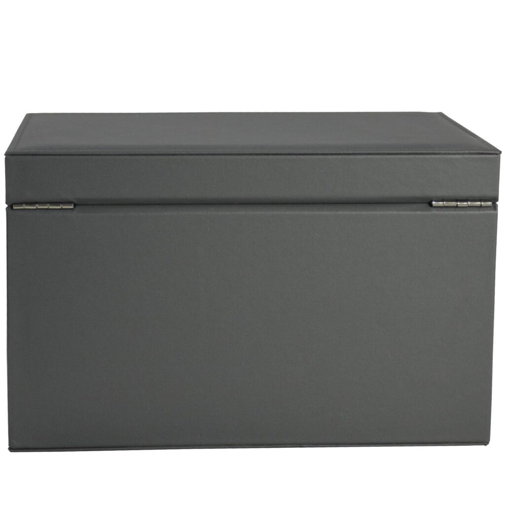 Grey jewelry storage case with drawer structure and dimensions