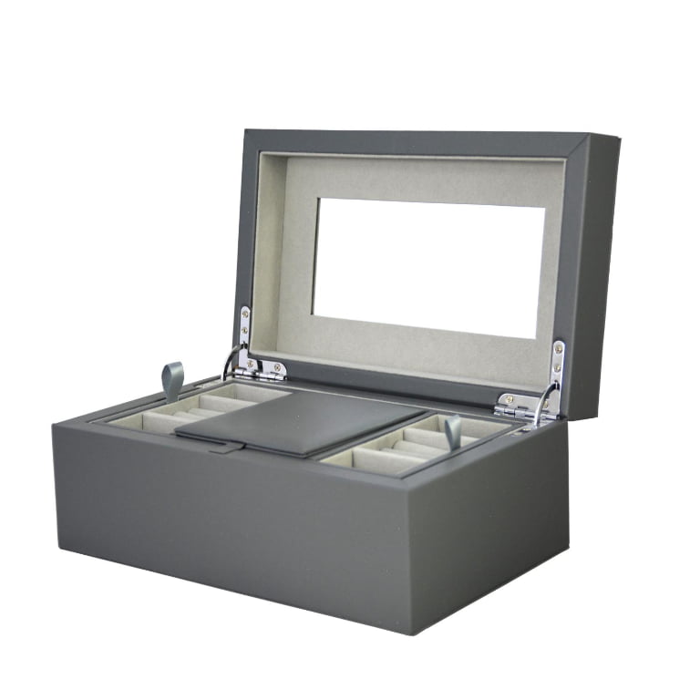 Gray PU Leather Jewelry Organizer Box with Removable Tray