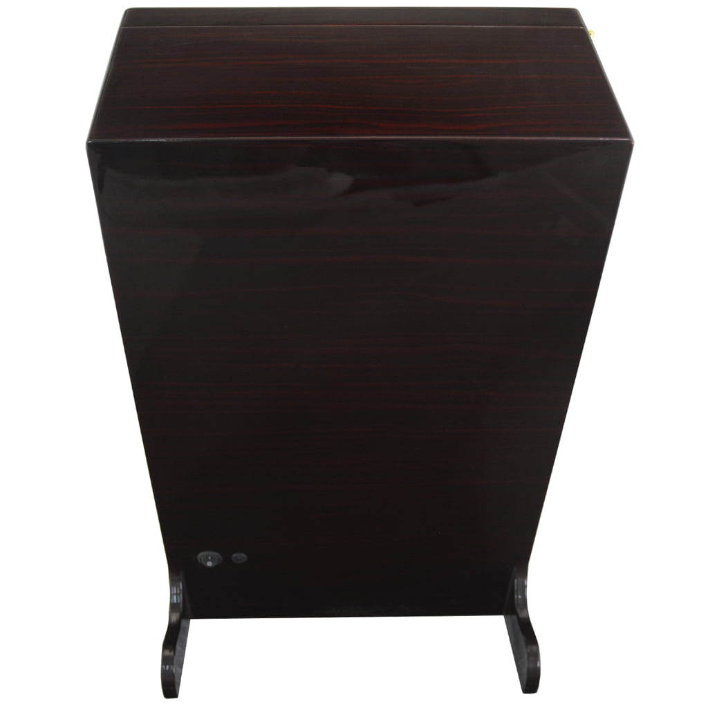 Rear view of ebony high-gloss watch winder cabinet showing dark wood-pattern finish and power switch