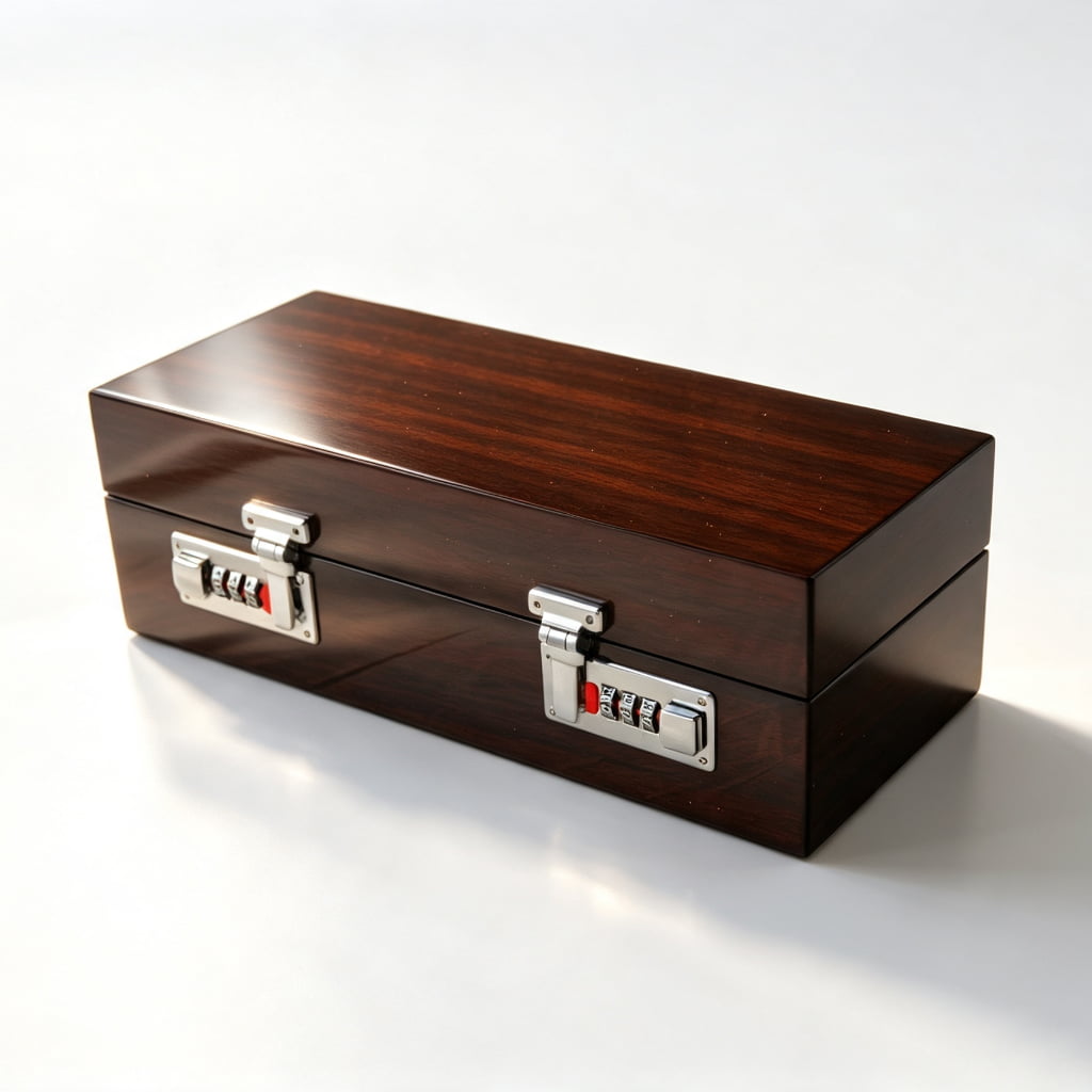 High Glossy Macassar Ebony Grain 5 Watch Case with Blue Velvet Interior and Combination Lock