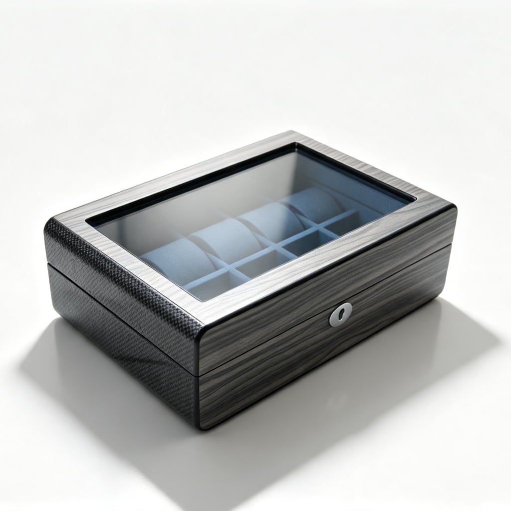 High Glossy Dark Oak Grain Spliced Carbon Fiber 5 Watch Case with Blue Velvet Interior