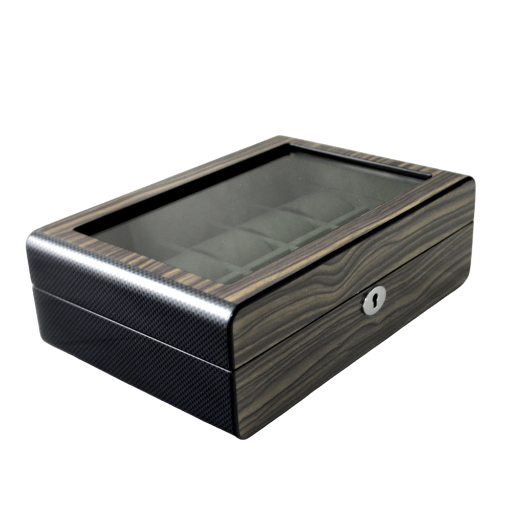High Glossy Dark Oak Grain Spliced Carbon Fiber 10 Watch Case with Green Velvet Interior