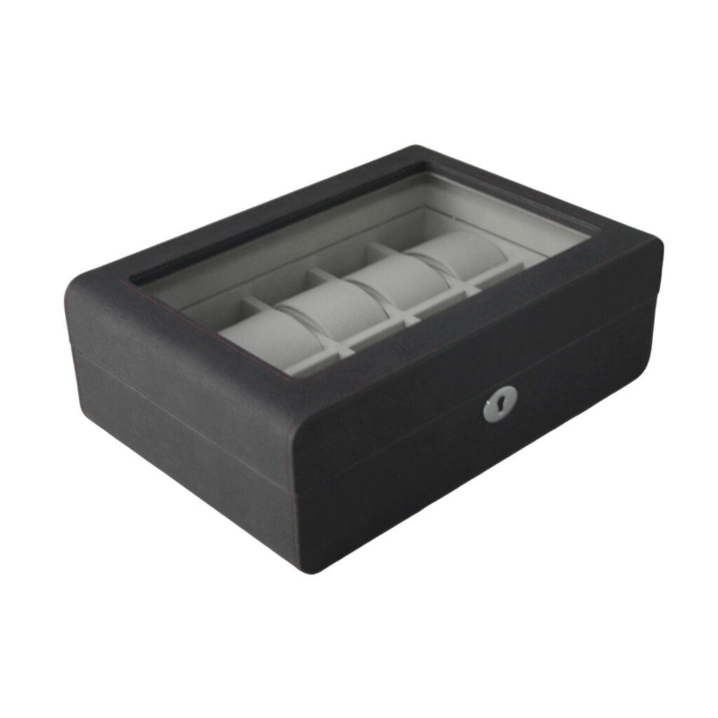 PU Leather Black 10 Watch Case with Grey Velvet Interior