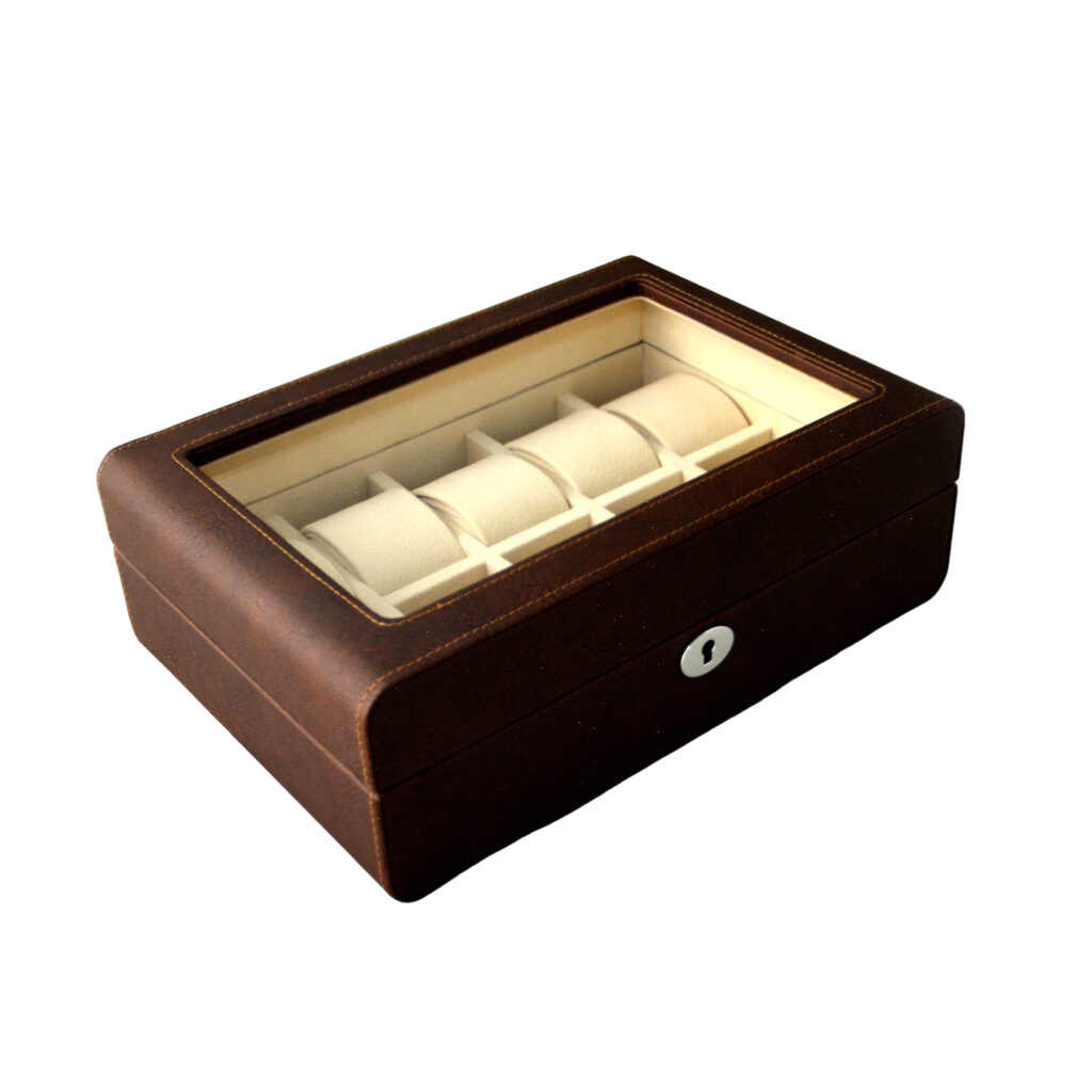 PU Leather Brown 10 Watch Case with Ivory Velvet Interior