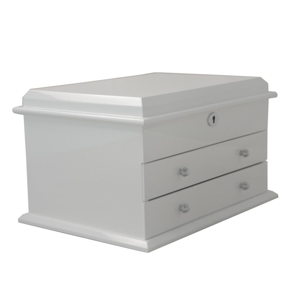 Jewelry collection box with glossy white finish and side panel design