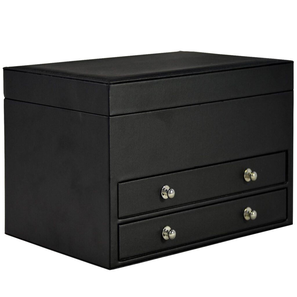 Black PU leather jewelry collection box with drawers and silver handles