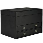 Black PU leather jewelry collection box with drawers and silver handles