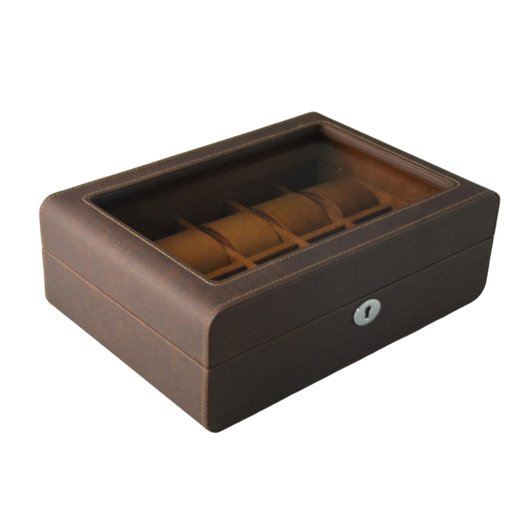 Brown watch display box with glass window and leather finish