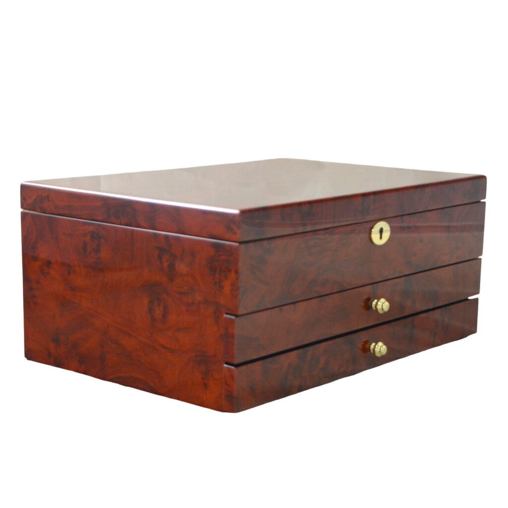 Camphor finish jewelry storage box with side view and drawer structure
